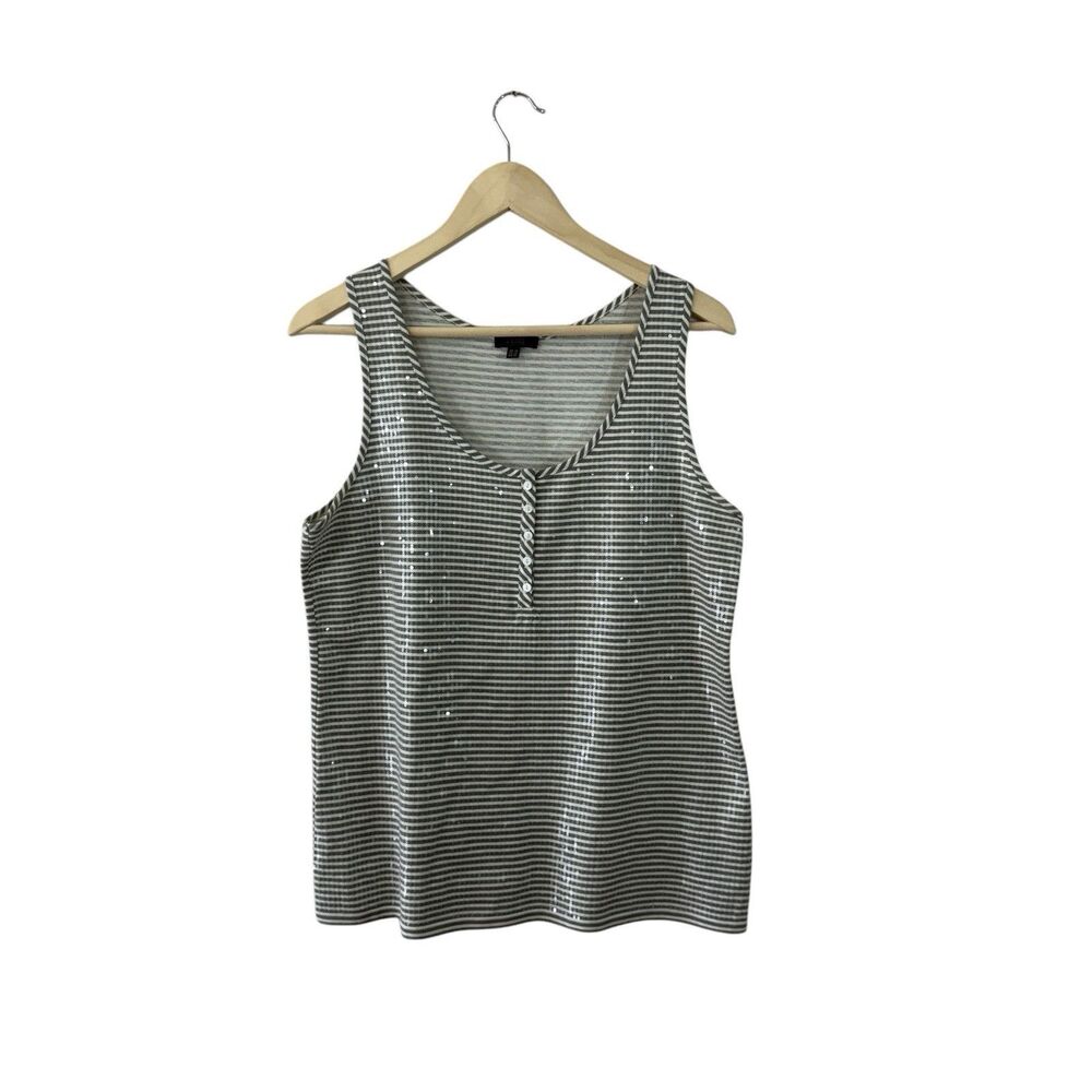 Pure Collection EUC 12 Tank Top Striped Gray Cotton Sequins Sleeveless Womens